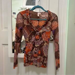 Vintage 70s Floral Mesh Long Sleeve Top